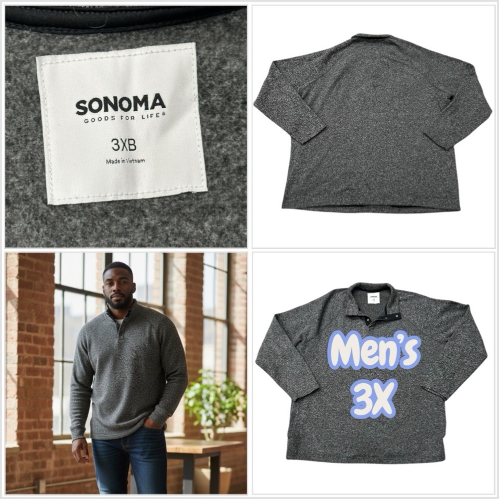 Sonoma 3X Quarter 1/4 Snap Mockneck Sweatshirt Gray Long Sleeve Fleece Pockets